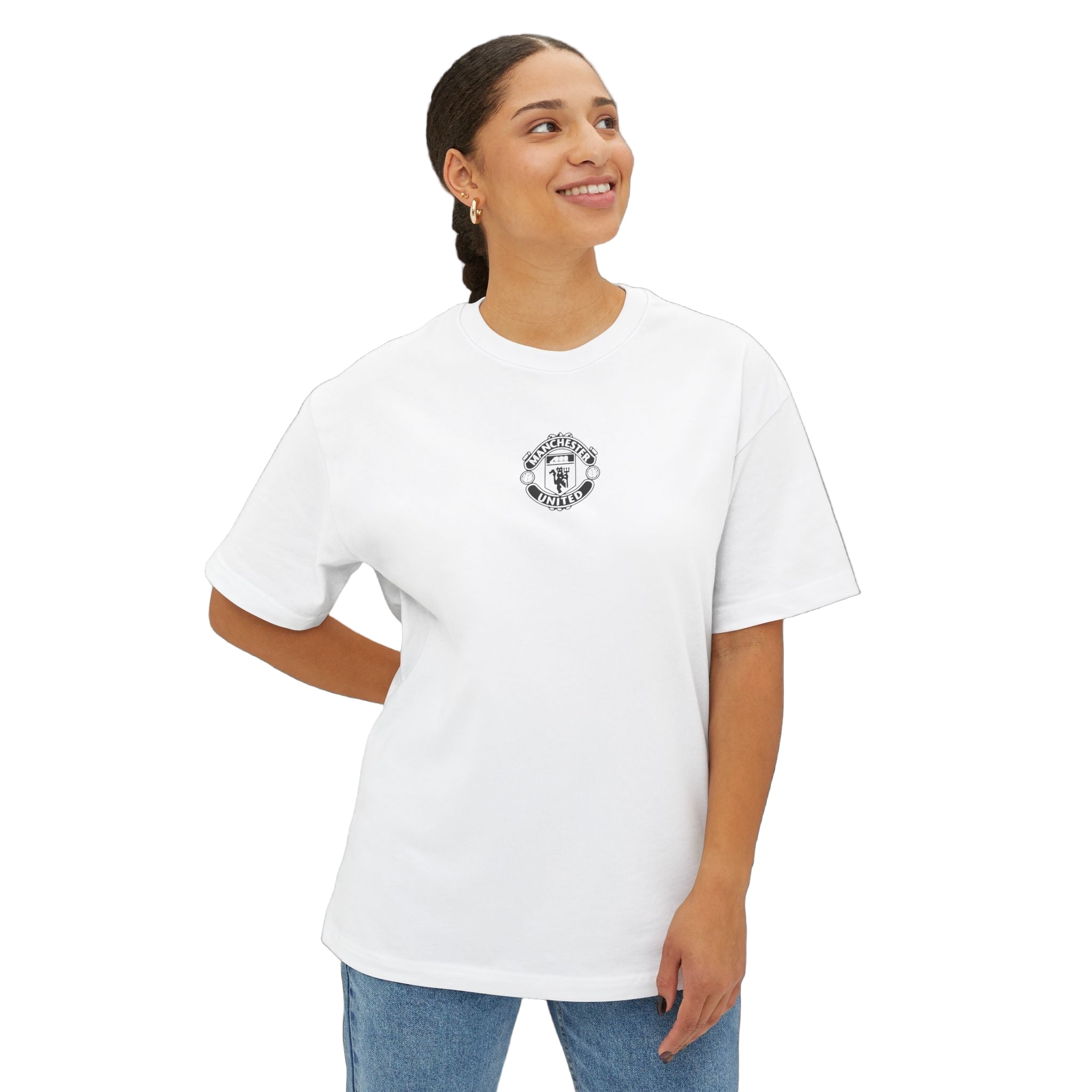 Woman wearing a white t-shirt with a logo on a white background